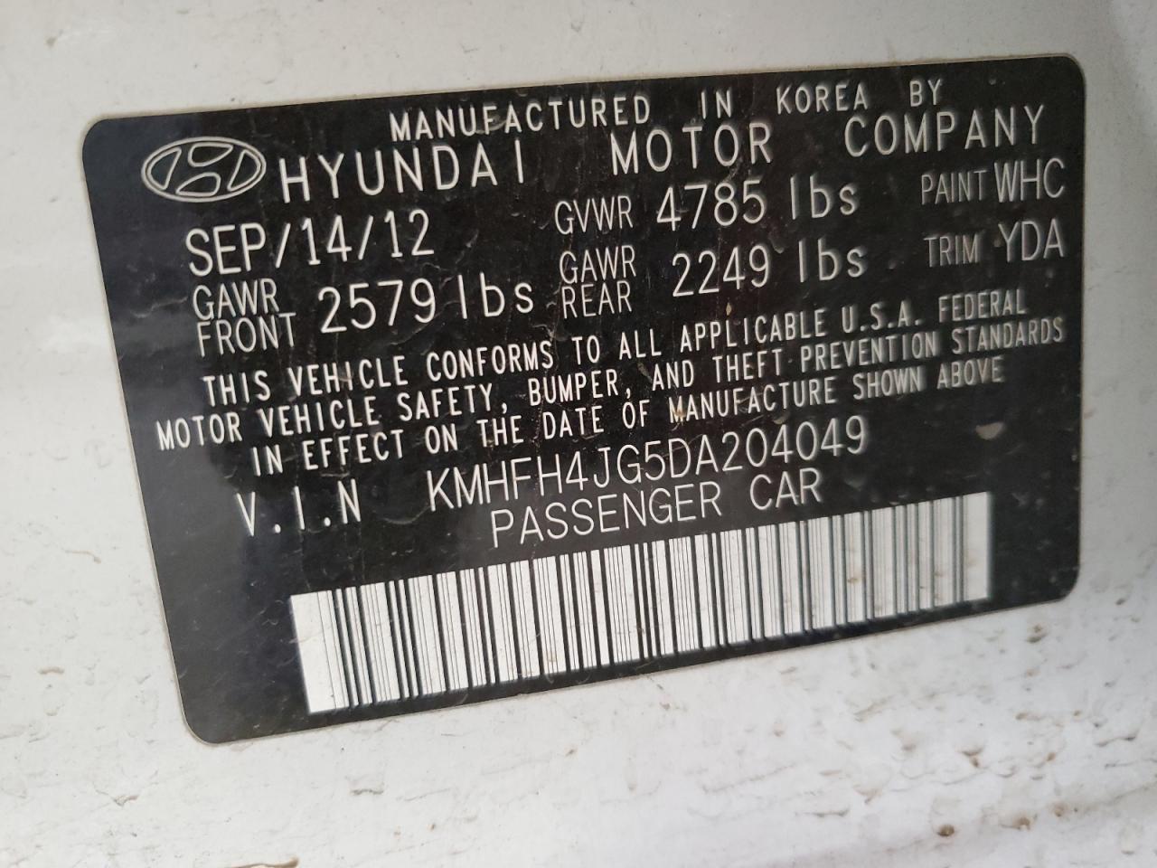 2013 Hyundai Azera Gls VIN: KMHFH4JG5DA204049 Lot: 64033364