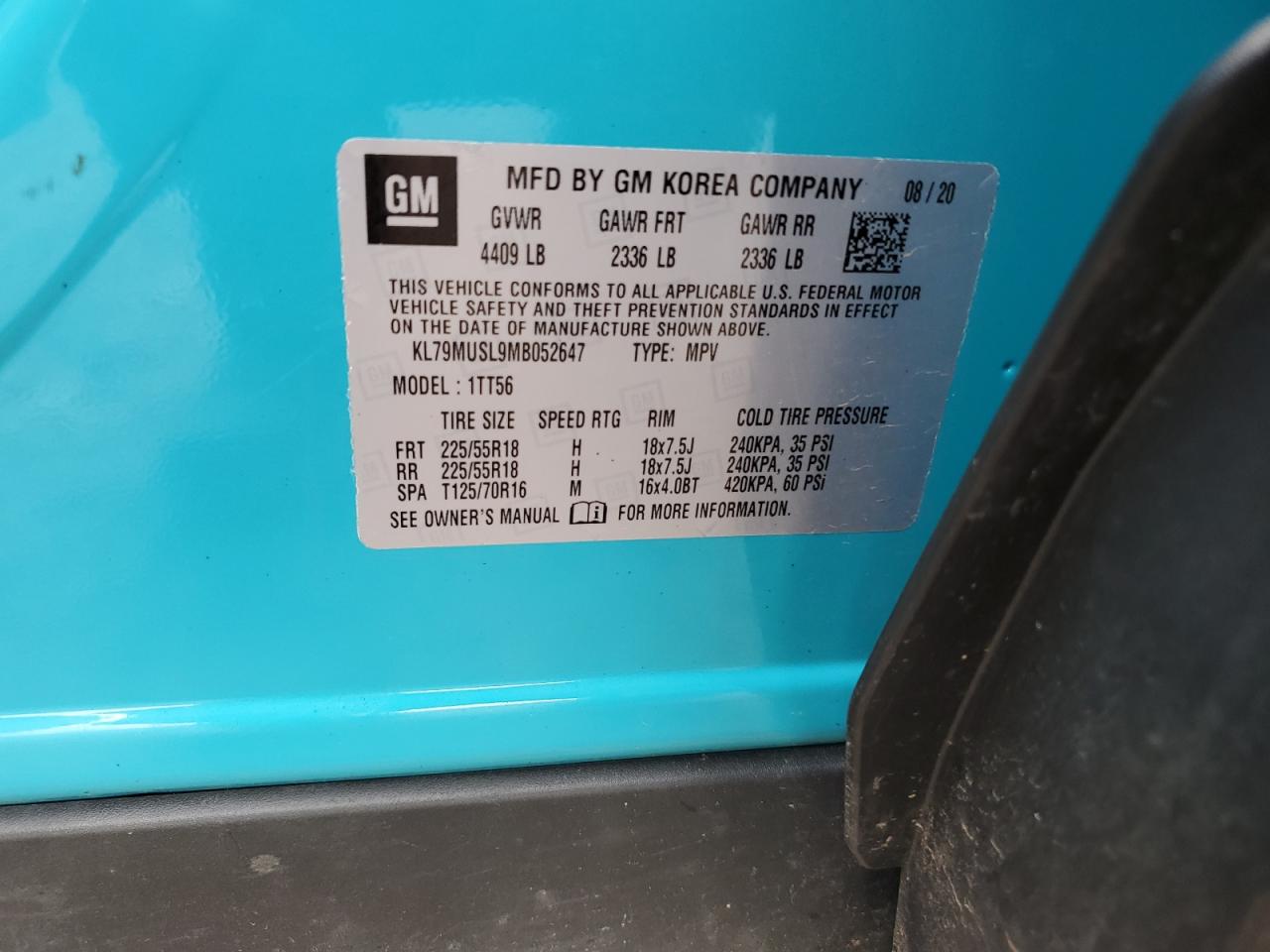 2021 Chevrolet Trailblazer Rs VIN: KL79MUSL9MB052647 Lot: 64638474