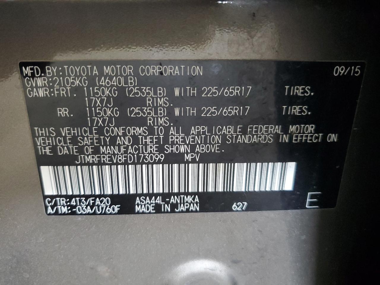 2015 Toyota Rav4 Xle VIN: JTMRFREV8FD173099 Lot: 63669354