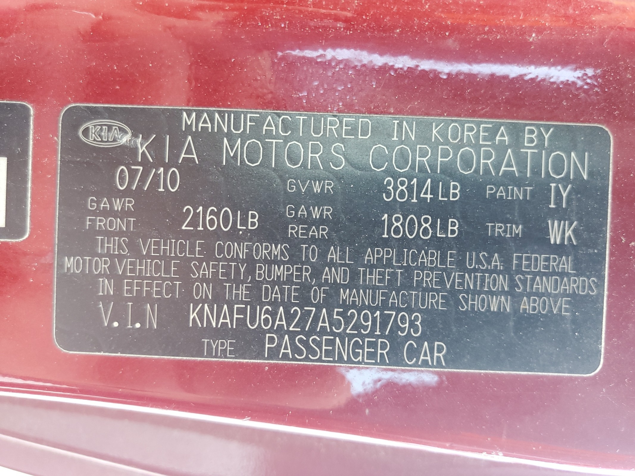 KNAFU6A27A5291793 2010 Kia Forte Ex