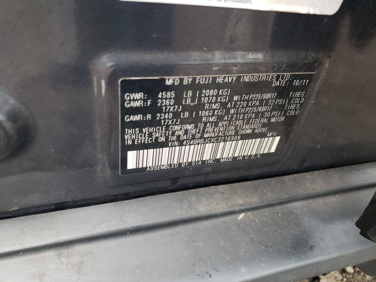 2012 Subaru Outback 2.5I Limited VIN: 4S4BRBJCXC3216908 Lot: 64318774