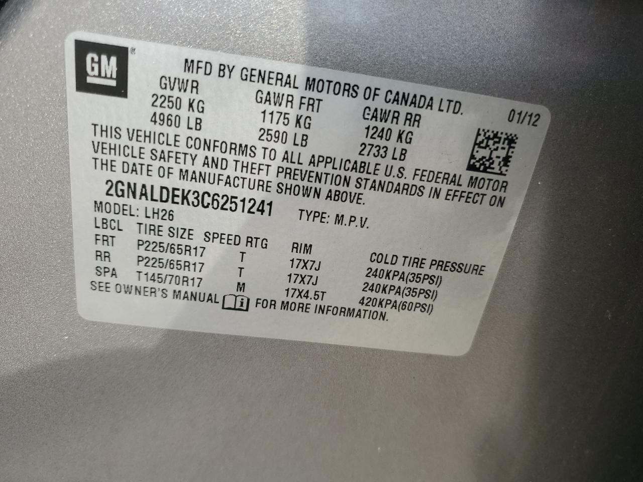 2012 Chevrolet Equinox Lt VIN: 2GNALDEK3C6251241 Lot: 63494344