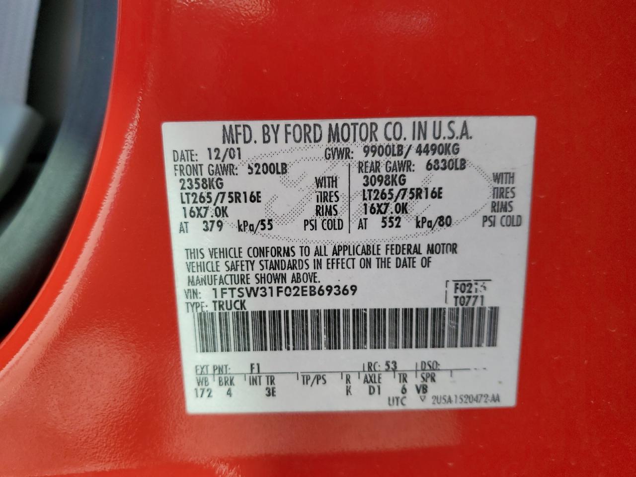 2002 Ford F350 Srw Super Duty VIN: 1FTSW31F02EB69369 Lot: 60250394