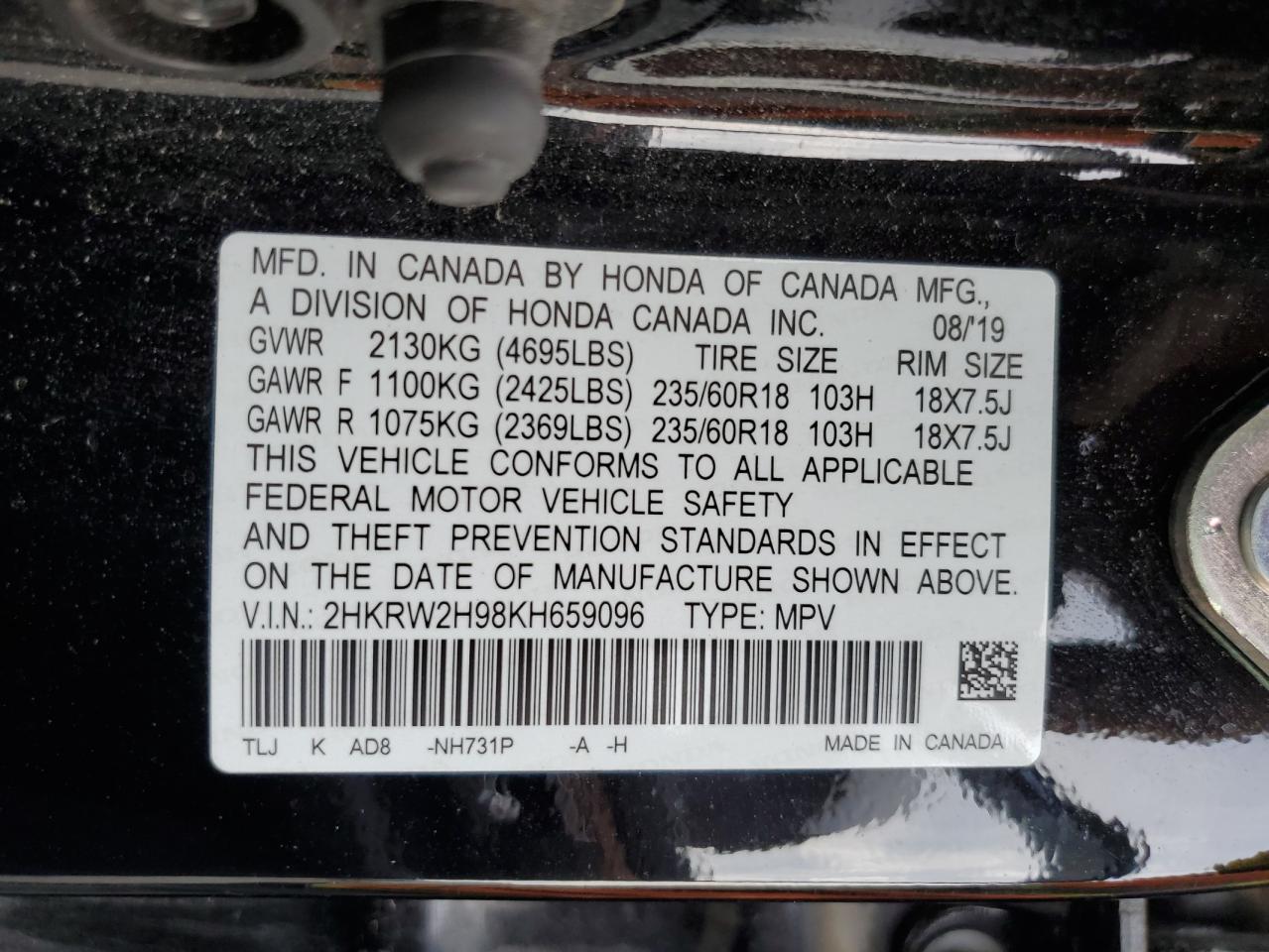 2HKRW2H98KH659096 2019 Honda Cr-V Touring