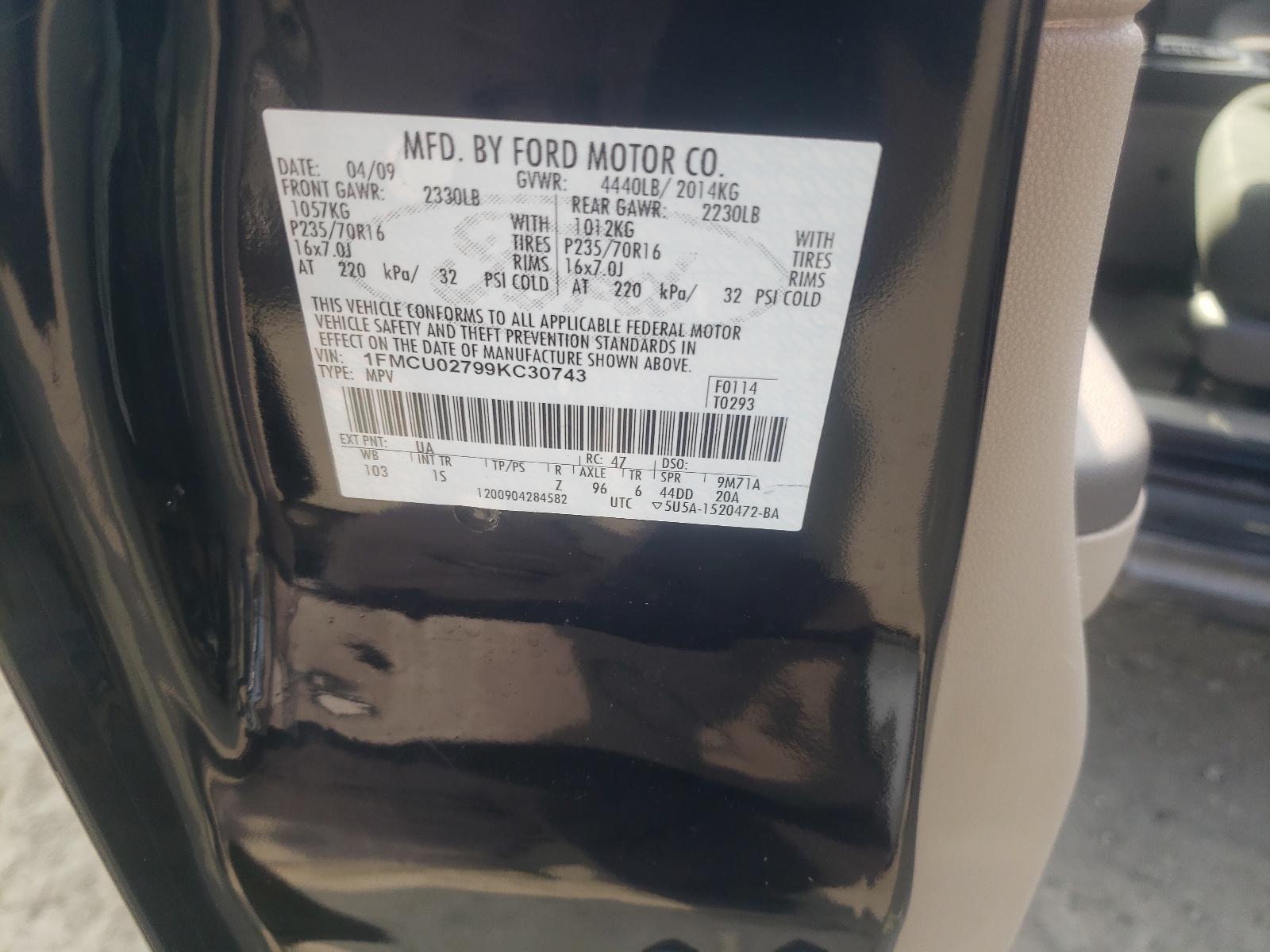 1FMCU02799KC30743 2009 Ford Escape Xls