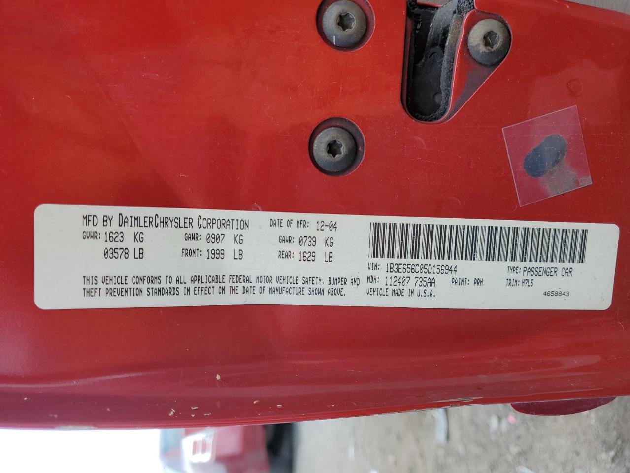 2005 Dodge Neon Sxt VIN: 1B3ES56C05D156944 Lot: 62669914