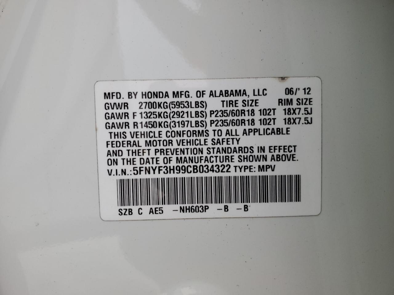 2012 Honda Pilot Touring VIN: 5FNYF3H99CB034322 Lot: 62675054