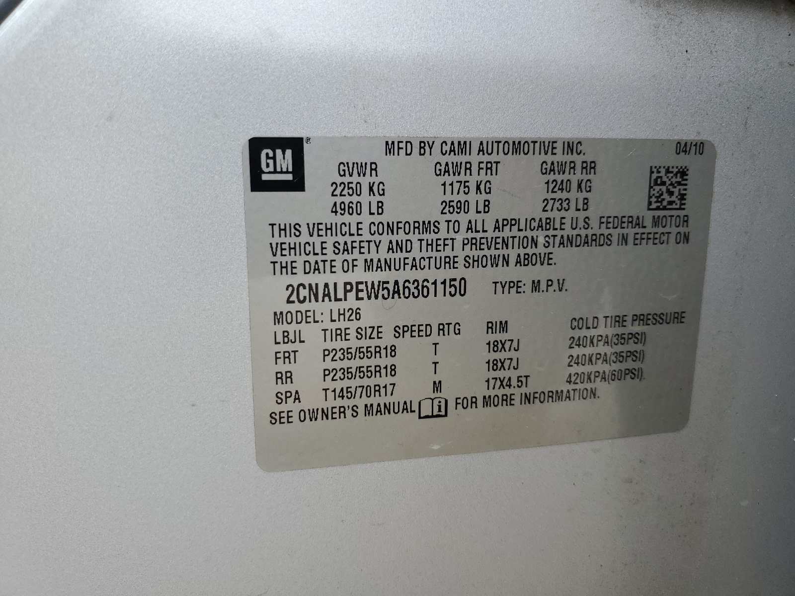 2CNALPEW5A6361150 2010 Chevrolet Equinox Lt