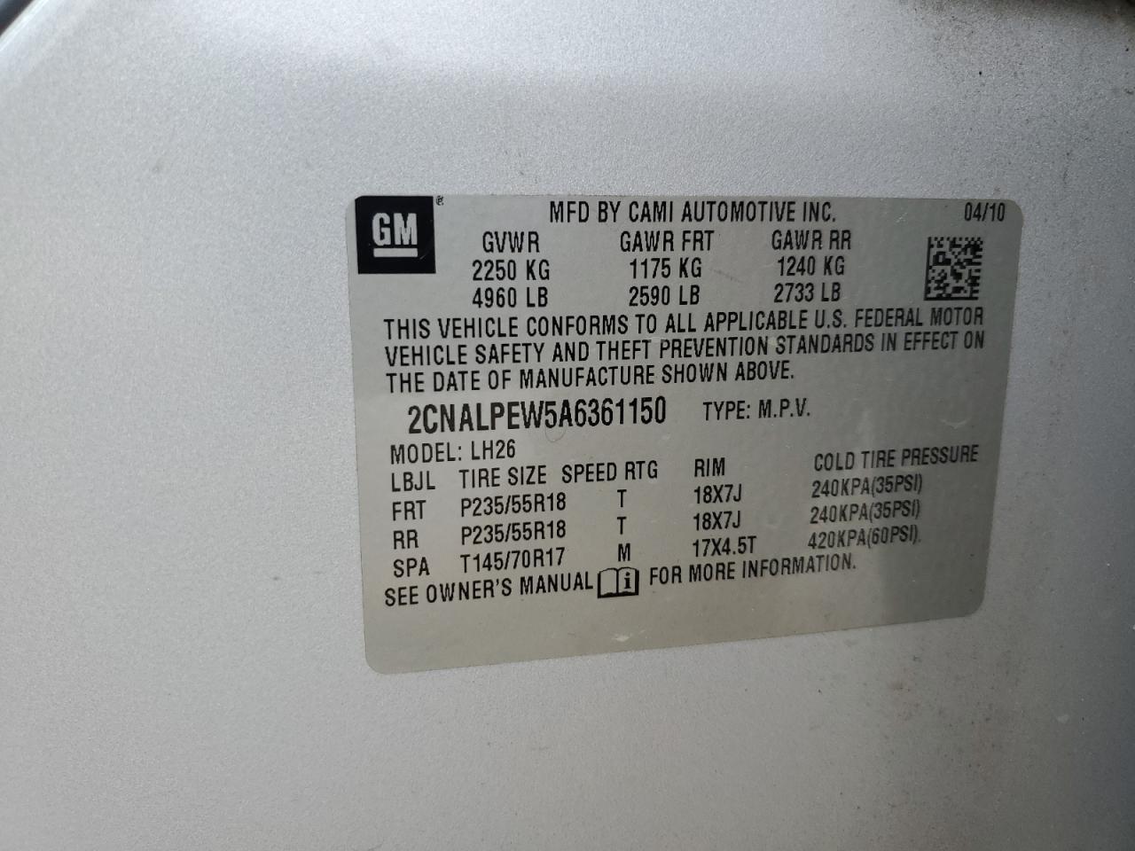 2010 Chevrolet Equinox Lt VIN: 2CNALPEW5A6361150 Lot: 63615694