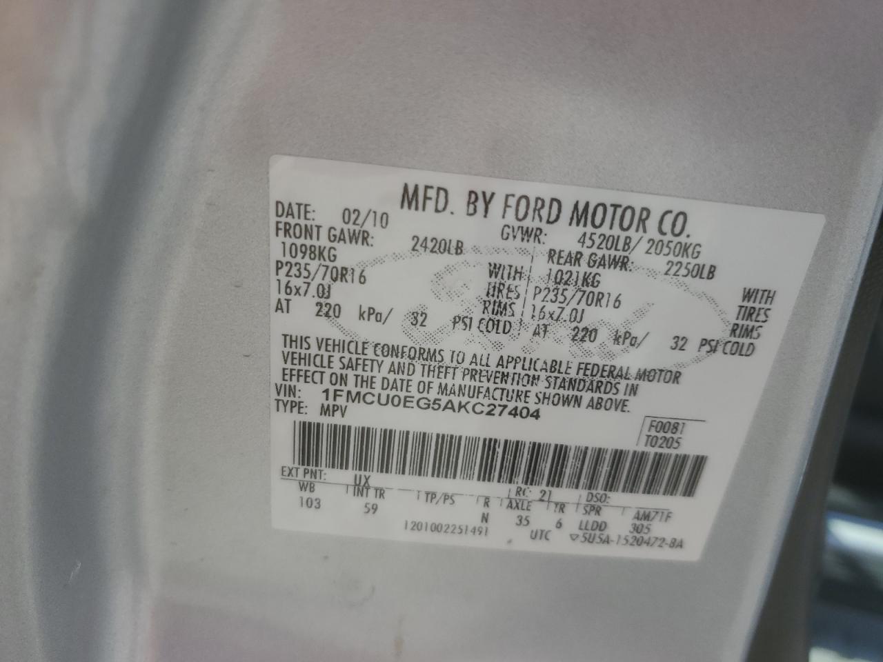 1FMCU0EG5AKC27404 2010 Ford Escape Limited