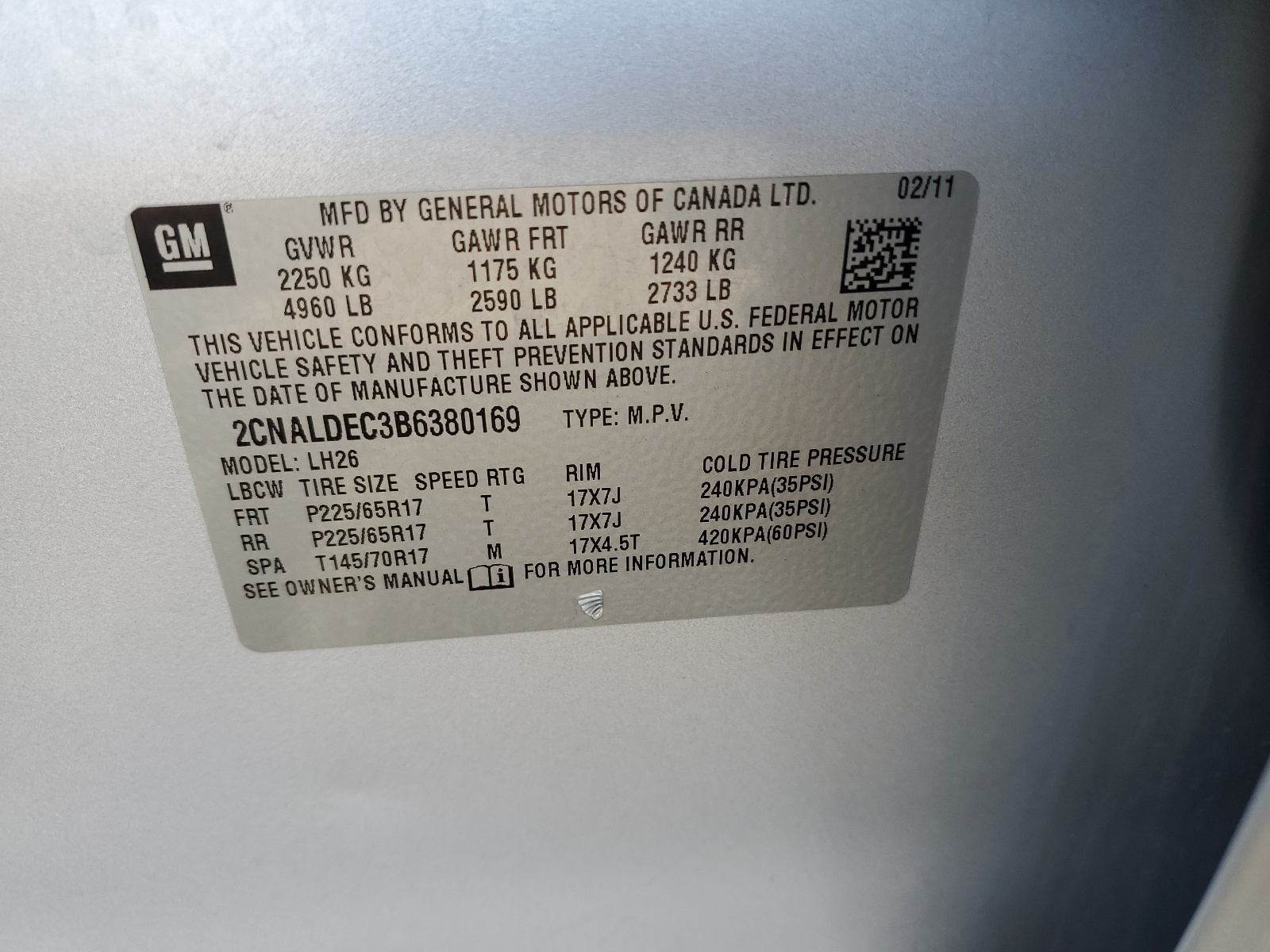 2CNALDEC3B6380169 2011 Chevrolet Equinox Lt