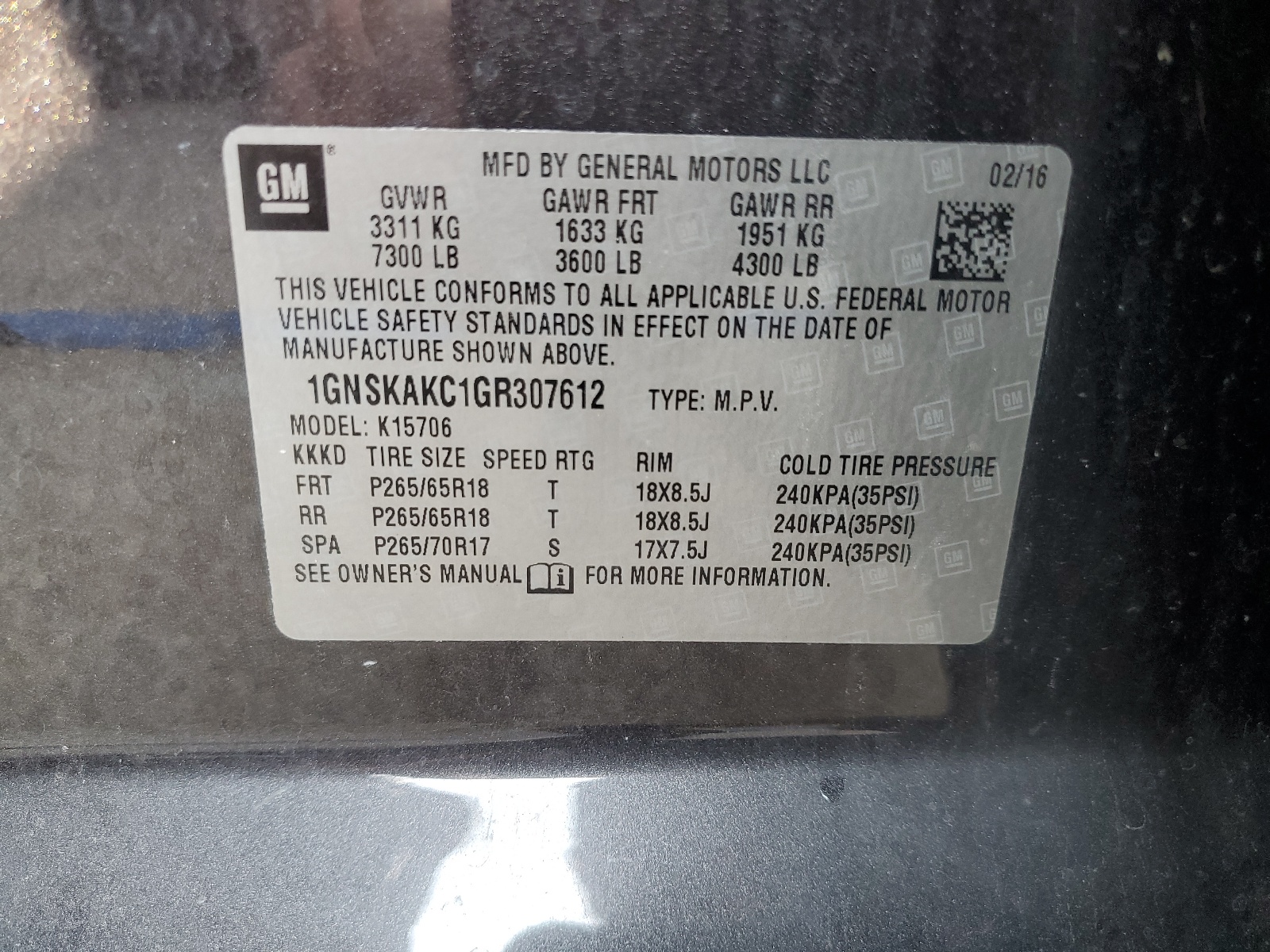 1GNSKAKC1GR307612 2016 Chevrolet Tahoe K1500 Ls