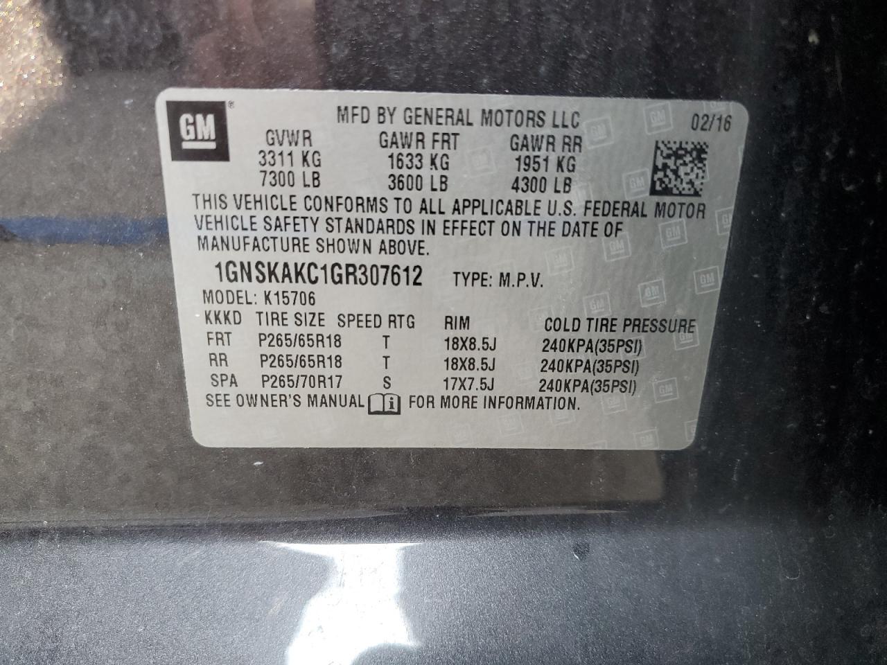 2016 Chevrolet Tahoe K1500 Ls VIN: 1GNSKAKC1GR307612 Lot: 62236834