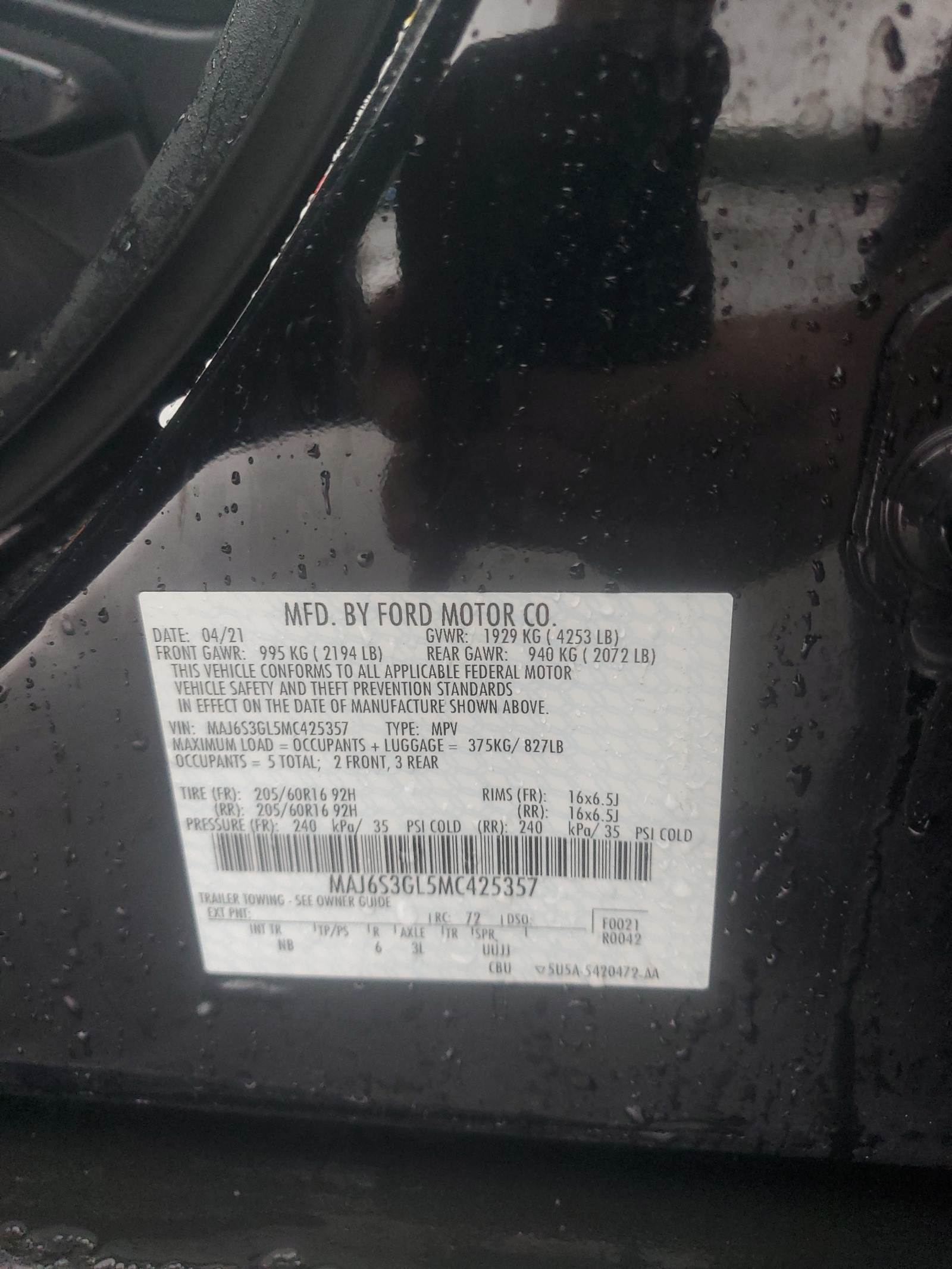 MAJ6S3GL5MC425357 2021 Ford Ecosport Se