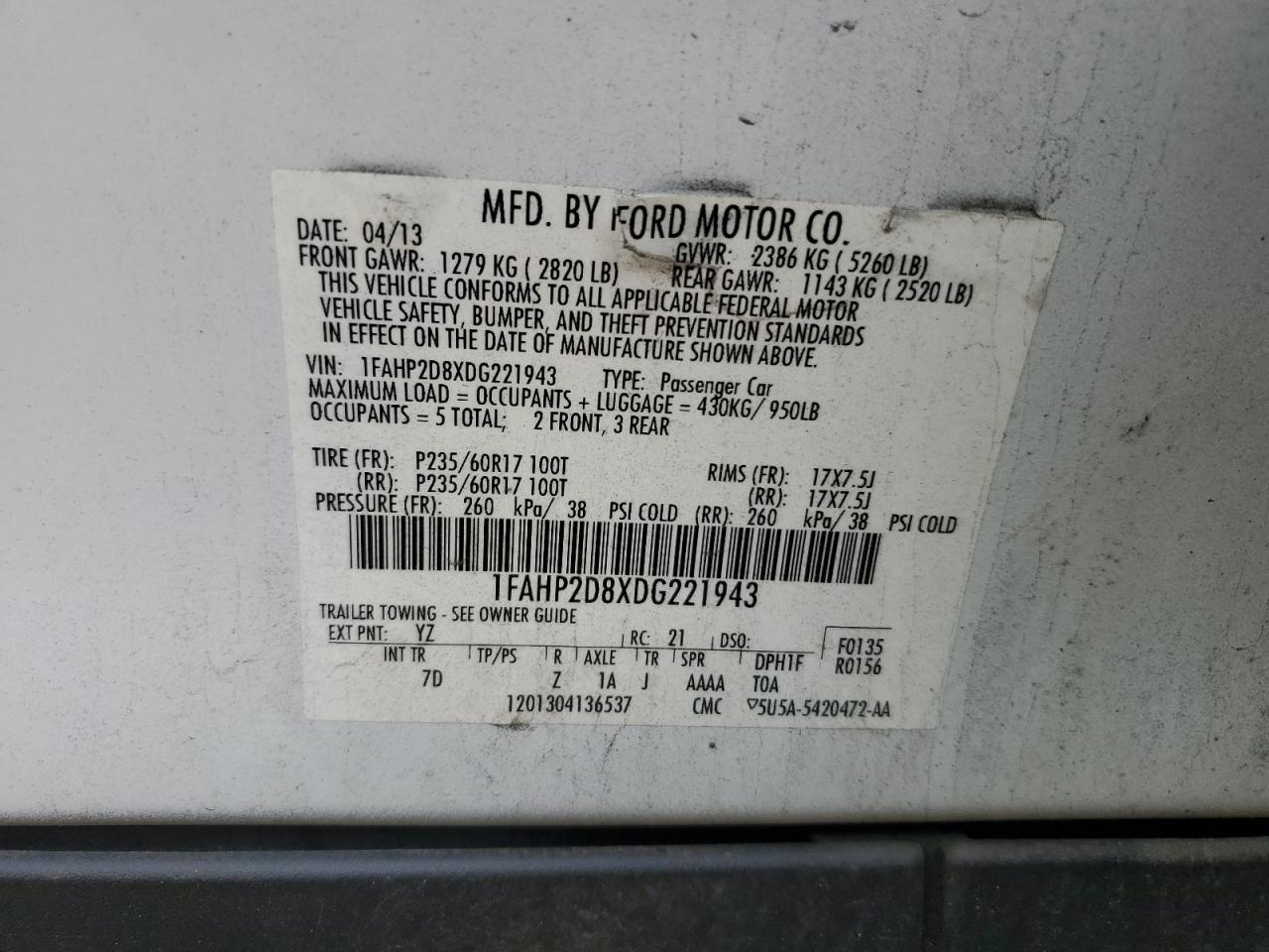 2013 Ford Taurus Se VIN: 1FAHP2D8XDG221943 Lot: 64669484