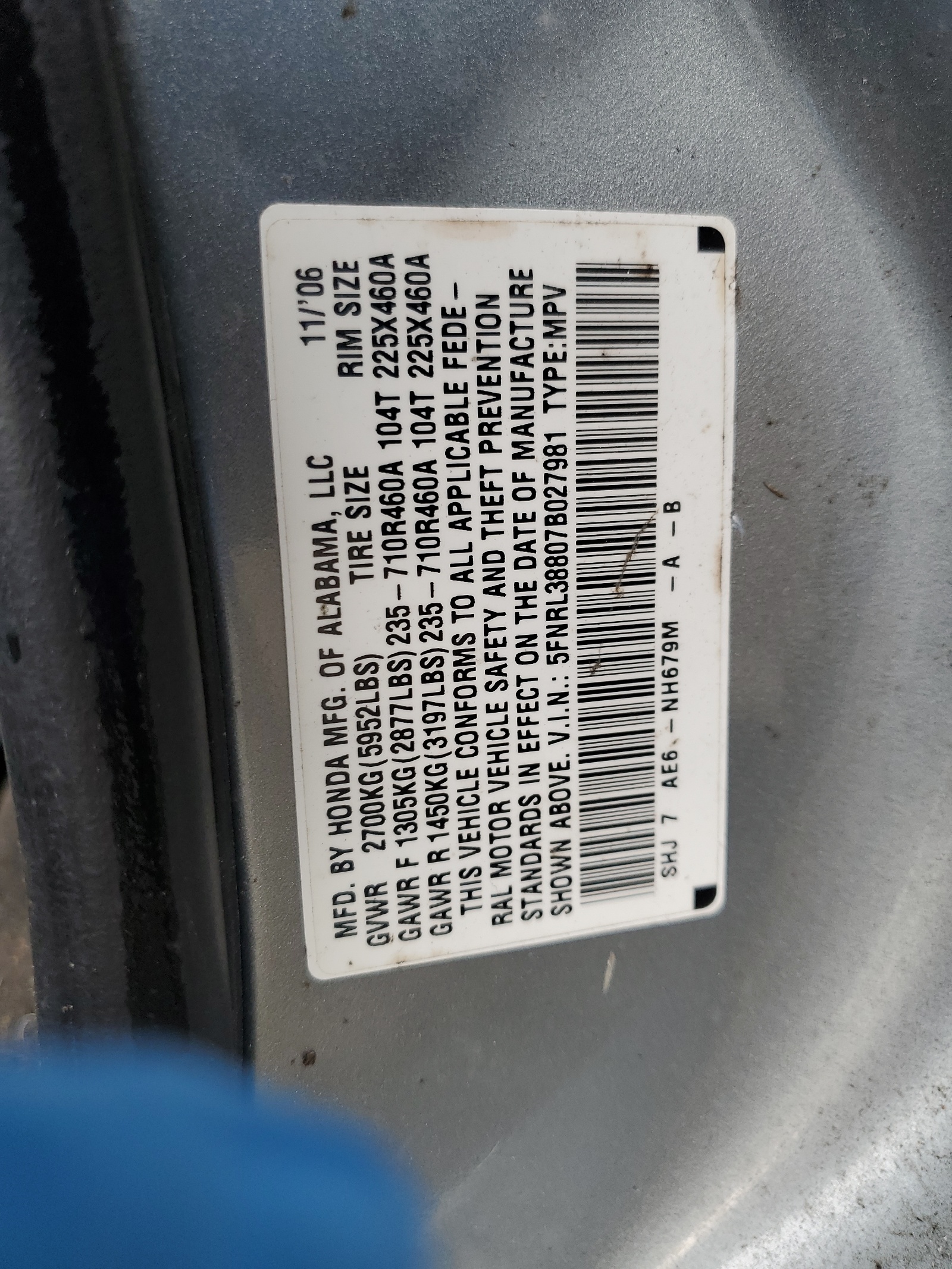 5FNRL38807B027981 2007 Honda Odyssey Touring