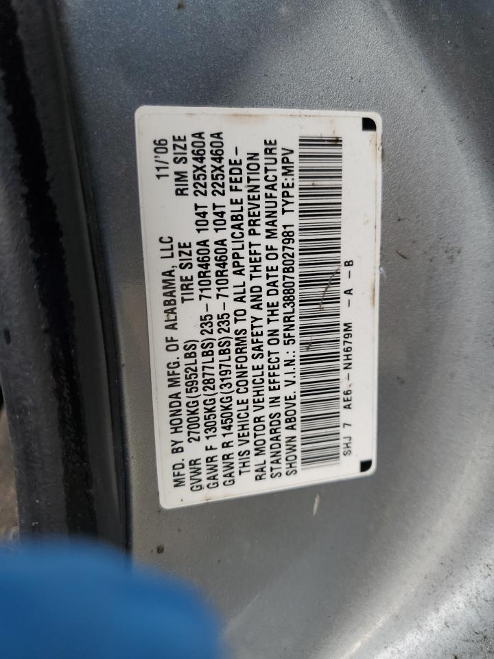 2007 Honda Odyssey Touring VIN: 5FNRL38807B027981 Lot: 62005624