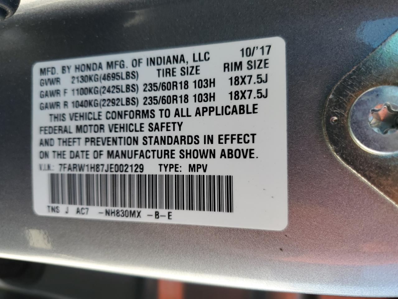 2018 Honda Cr-V Exl VIN: 7FARW1H87JE002129 Lot: 64275204