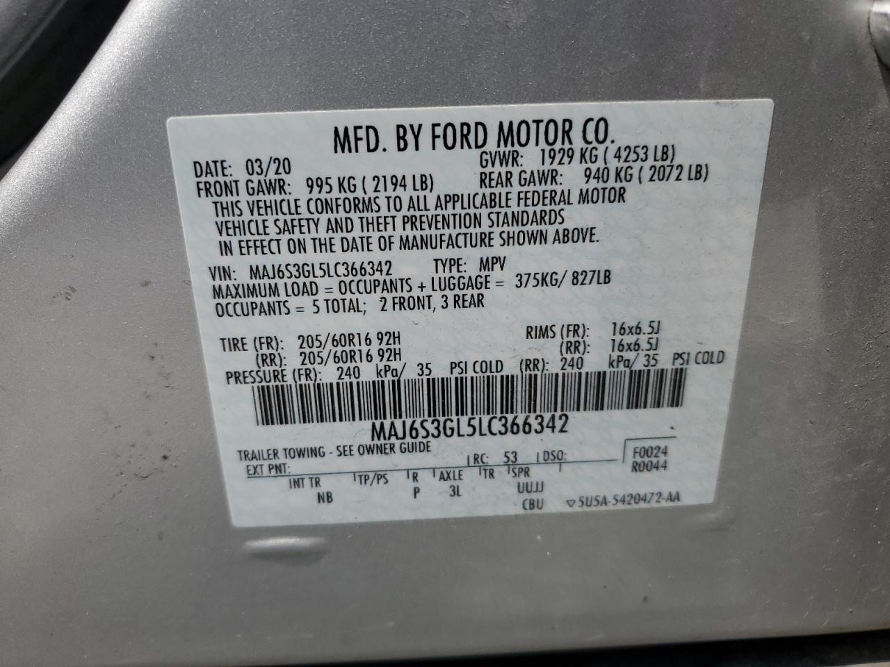 2020 Ford Ecosport Se VIN: MAJ6S3GL5LC366342 Lot: 63602624