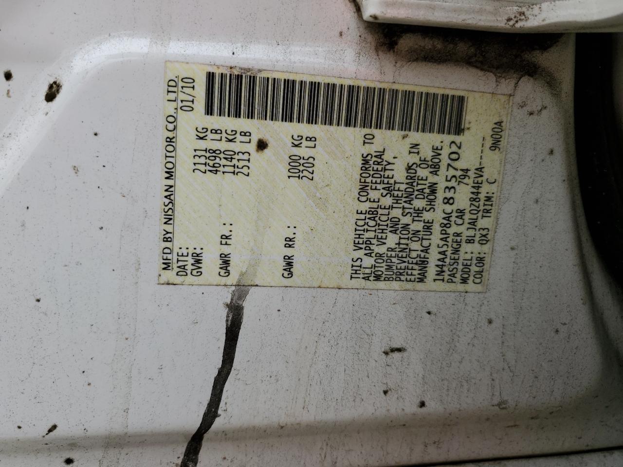 2010 Nissan Maxima S VIN: 1N4AA5AP8AC835702 Lot: 64823004