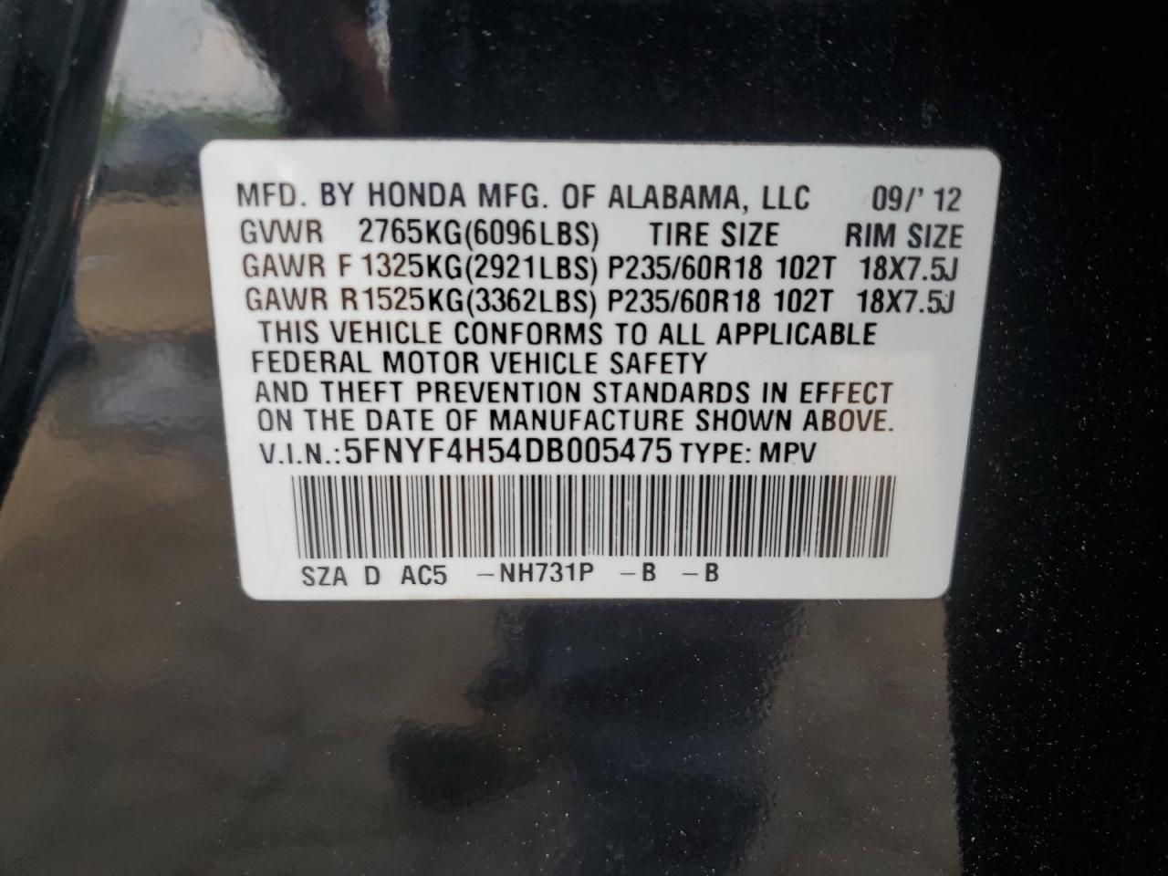 2013 Honda Pilot Exl VIN: 5FNYF4H54DB005475 Lot: 64569214