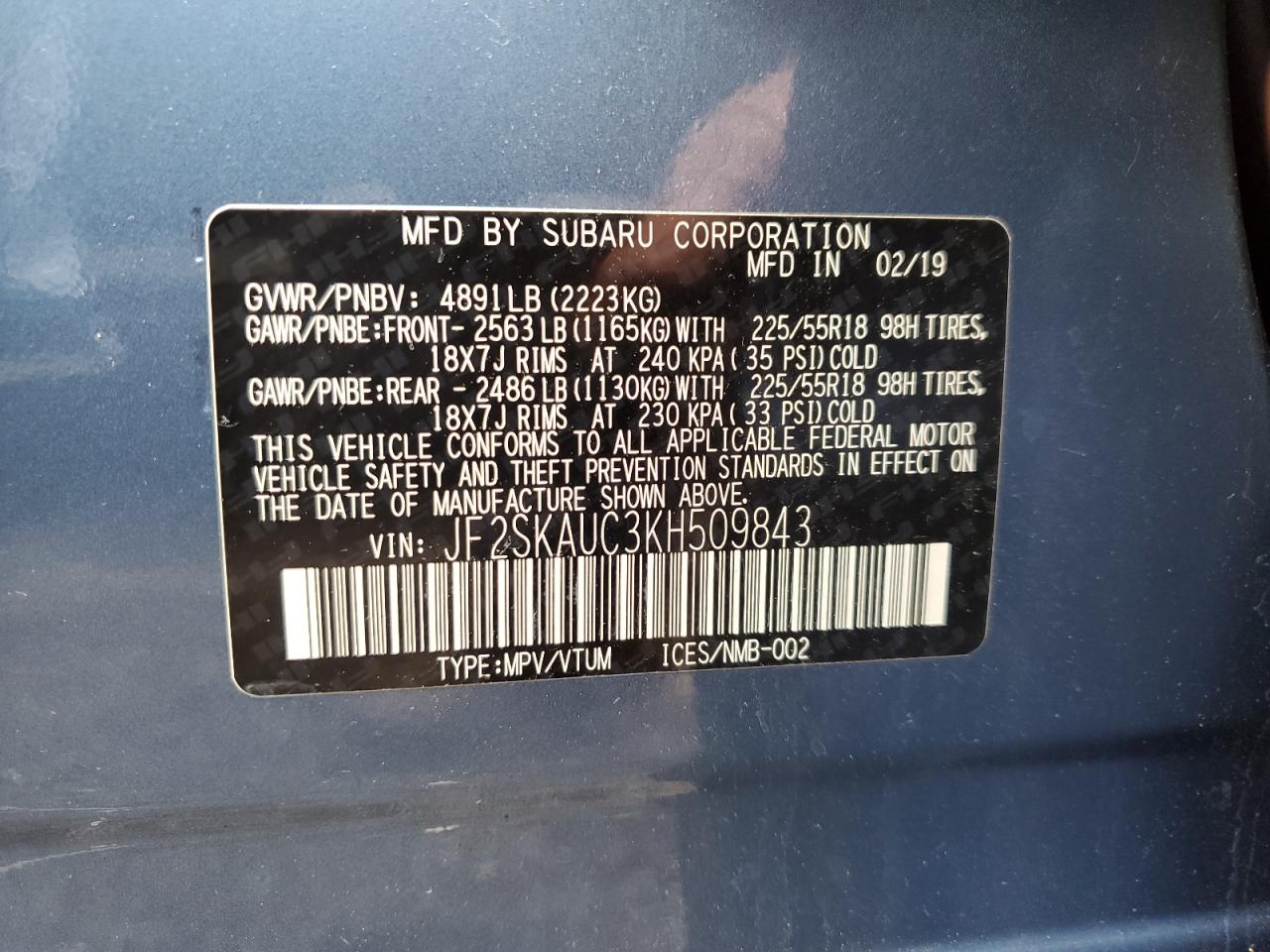 2019 Subaru Forester Limited VIN: JF2SKAUC3KH509843 Lot: 63871444