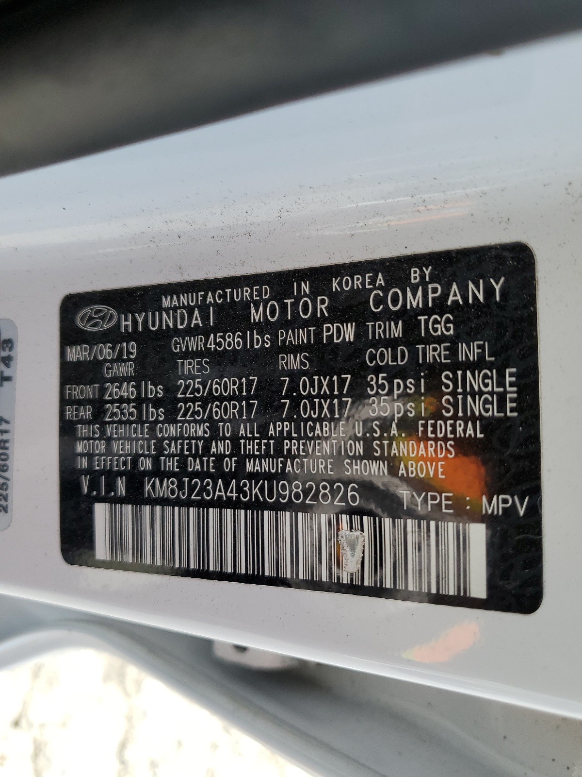 2019 Hyundai Tucson Se vin: KM8J23A43KU982826