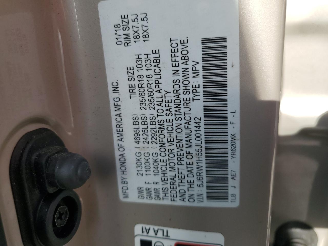 2018 Honda Cr-V Ex VIN: 5J6RW1H55JL001442 Lot: 65671014