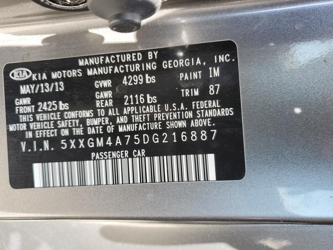 2013 Kia Optima Lx VIN: 5XXGM4A75DG216887 Lot: 61491194