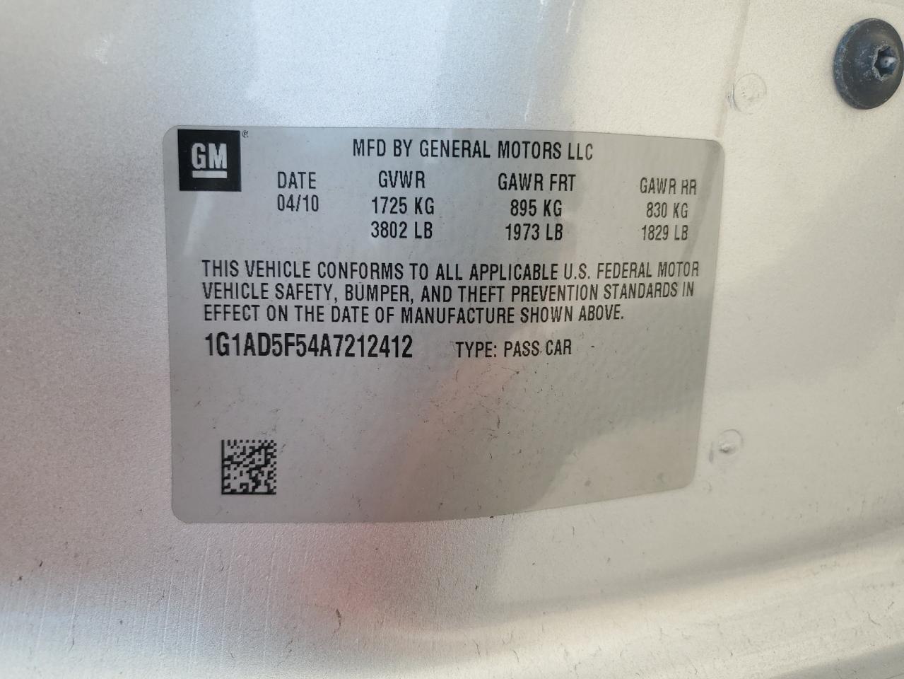 2010 Chevrolet Cobalt 1Lt VIN: 1G1AD5F54A7212412 Lot: 64351654