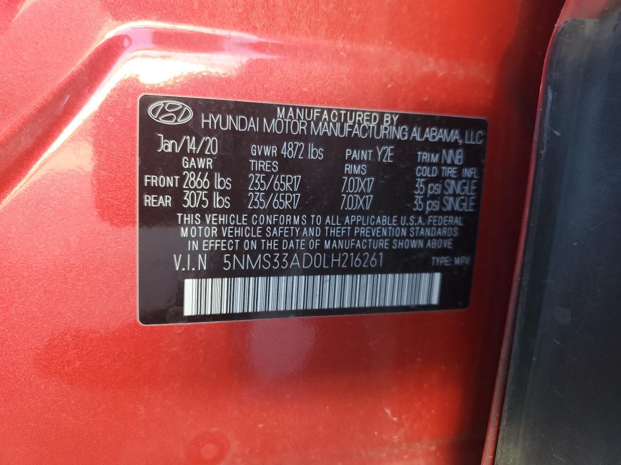 2020 Hyundai Santa Fe Sel VIN: 5NMS33AD0LH216261 Lot: 62174034