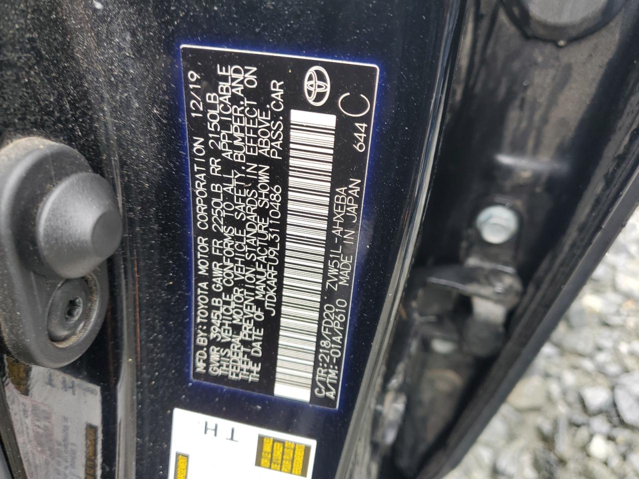 2020 Toyota Prius L VIN: JTDKARFU9L3110486 Lot: 63747754