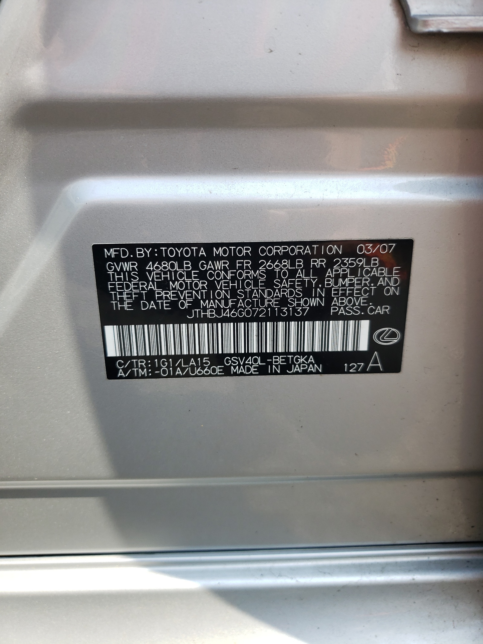 JTHBJ46G072113137 2007 Lexus Es 350