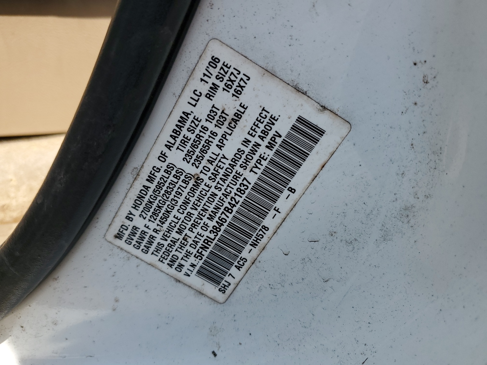 5FNRL38467B421837 2007 Honda Odyssey Ex