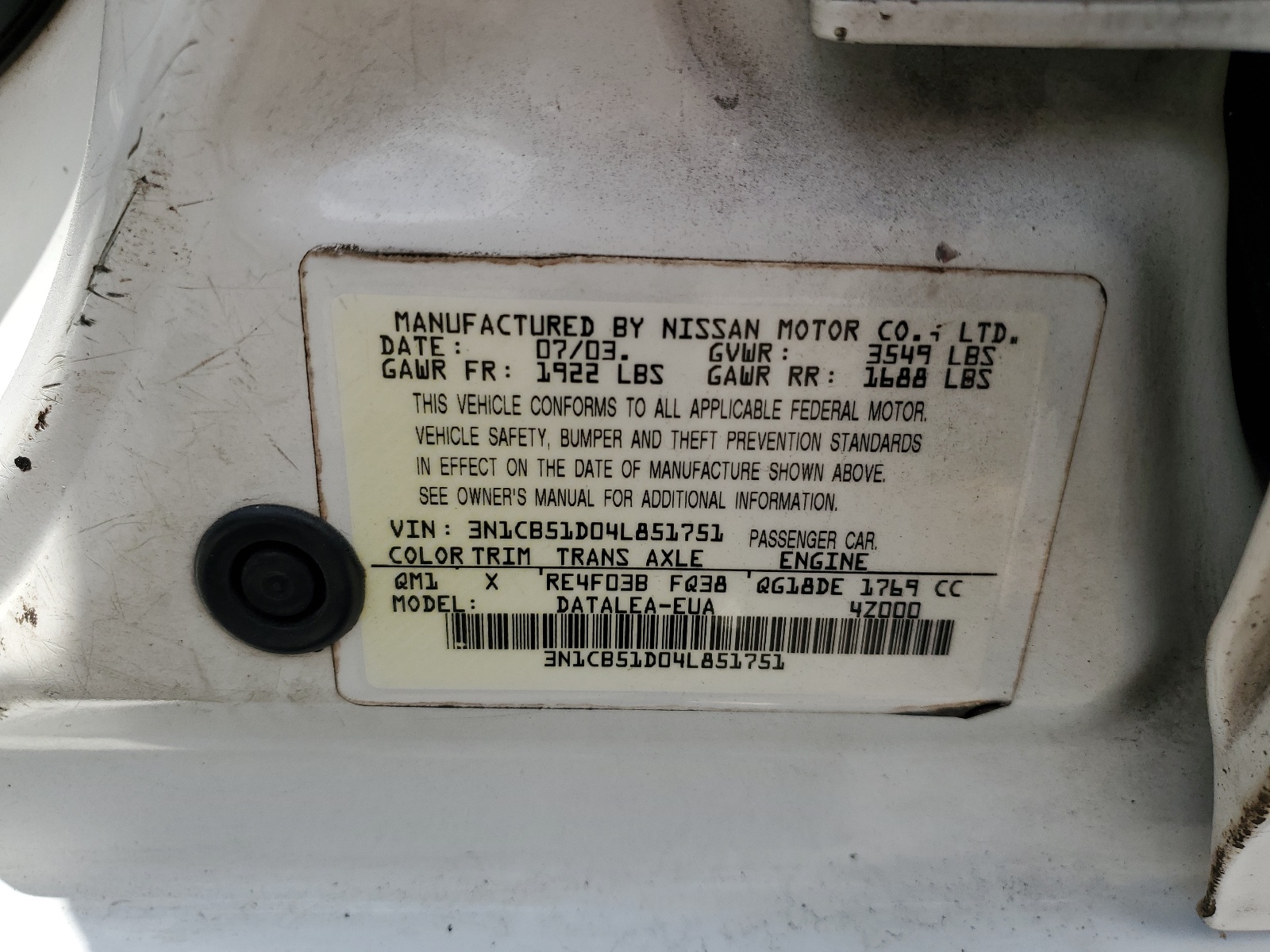 3N1CB51D04L851751 2004 Nissan Sentra 1.8