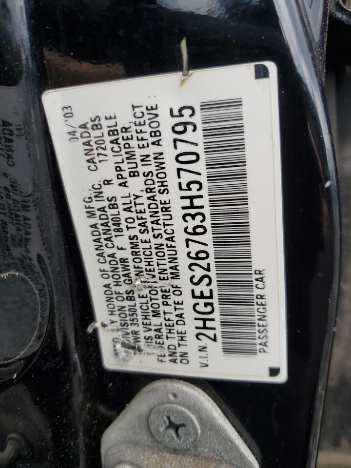 2003 Honda Civic Ex VIN: 2HGES26763H570795 Lot: 63815584