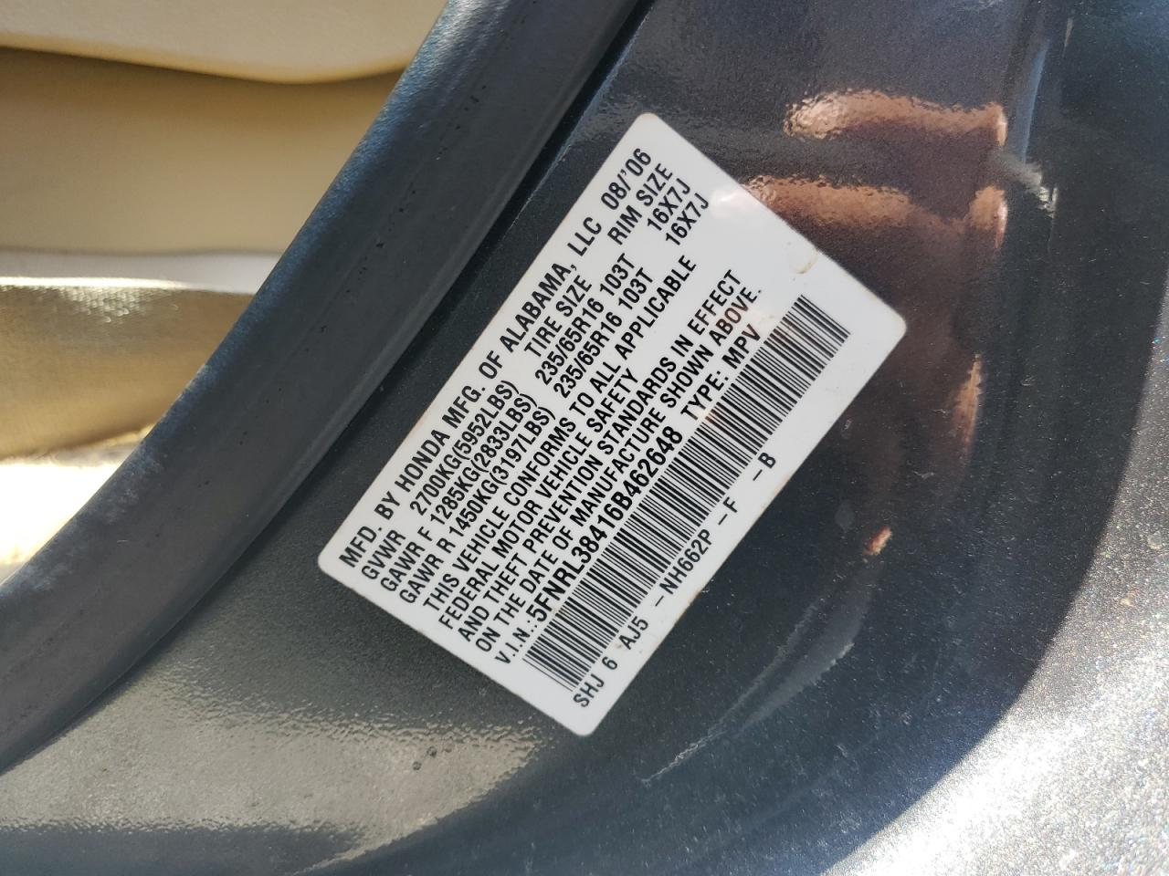 2006 Honda Odyssey Ex VIN: 5FNRL38416B462648 Lot: 62826134