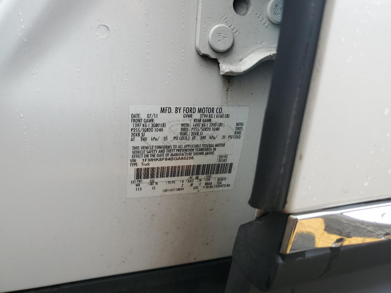 2011 Ford Explorer Limited VIN: 1FMHK8F84BGA95256 Lot: 62528404