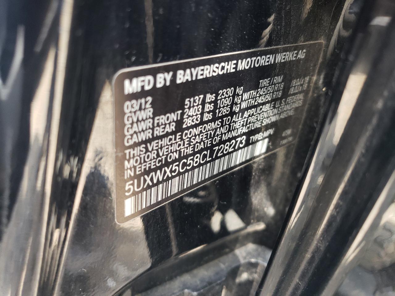 2012 BMW X3 xDrive28I VIN: 5UXWX5C58CL728273 Lot: 64775824