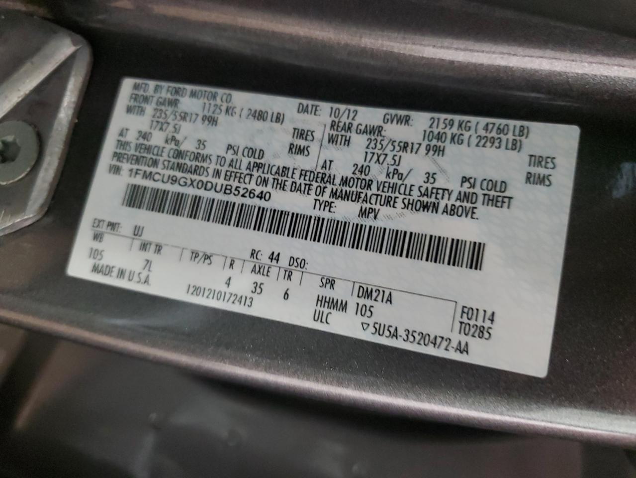 2013 Ford Escape Se VIN: 1FMCU9GX0DUB52640 Lot: 62039824