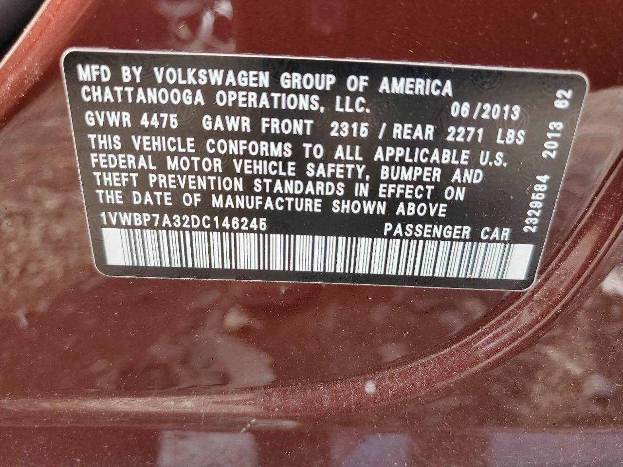 2013 Volkswagen Passat Se VIN: 1VWBP7A32DC146245 Lot: 63489154