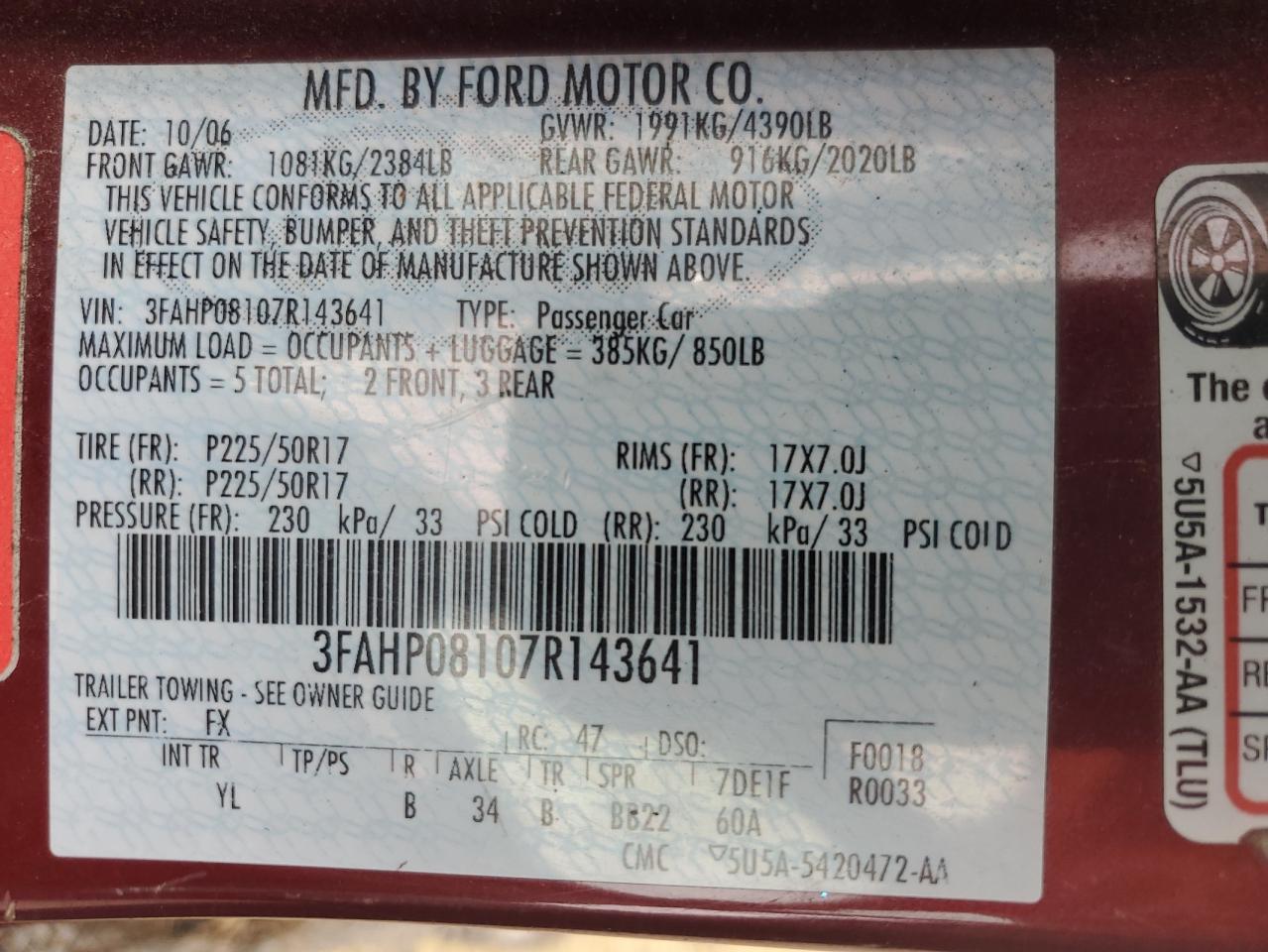 2007 Ford Fusion Sel VIN: 3FAHP08107R143641 Lot: 61203984