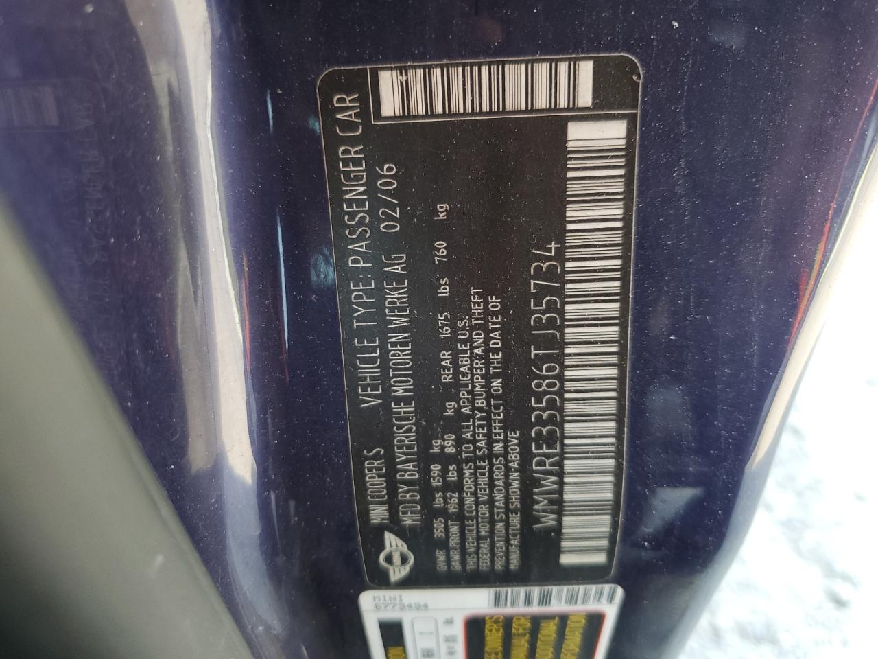 2006 Mini Cooper S VIN: WMWRE33586TJ35734 Lot: 62766264