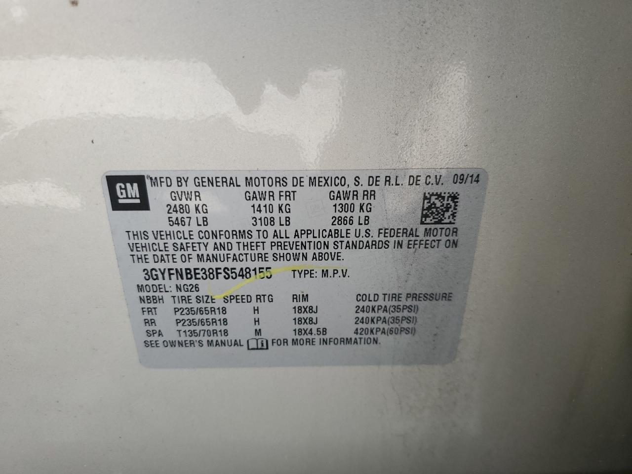 2015 Cadillac Srx Luxury Collection VIN: 3GYFNBE38FS548155 Lot: 62510274