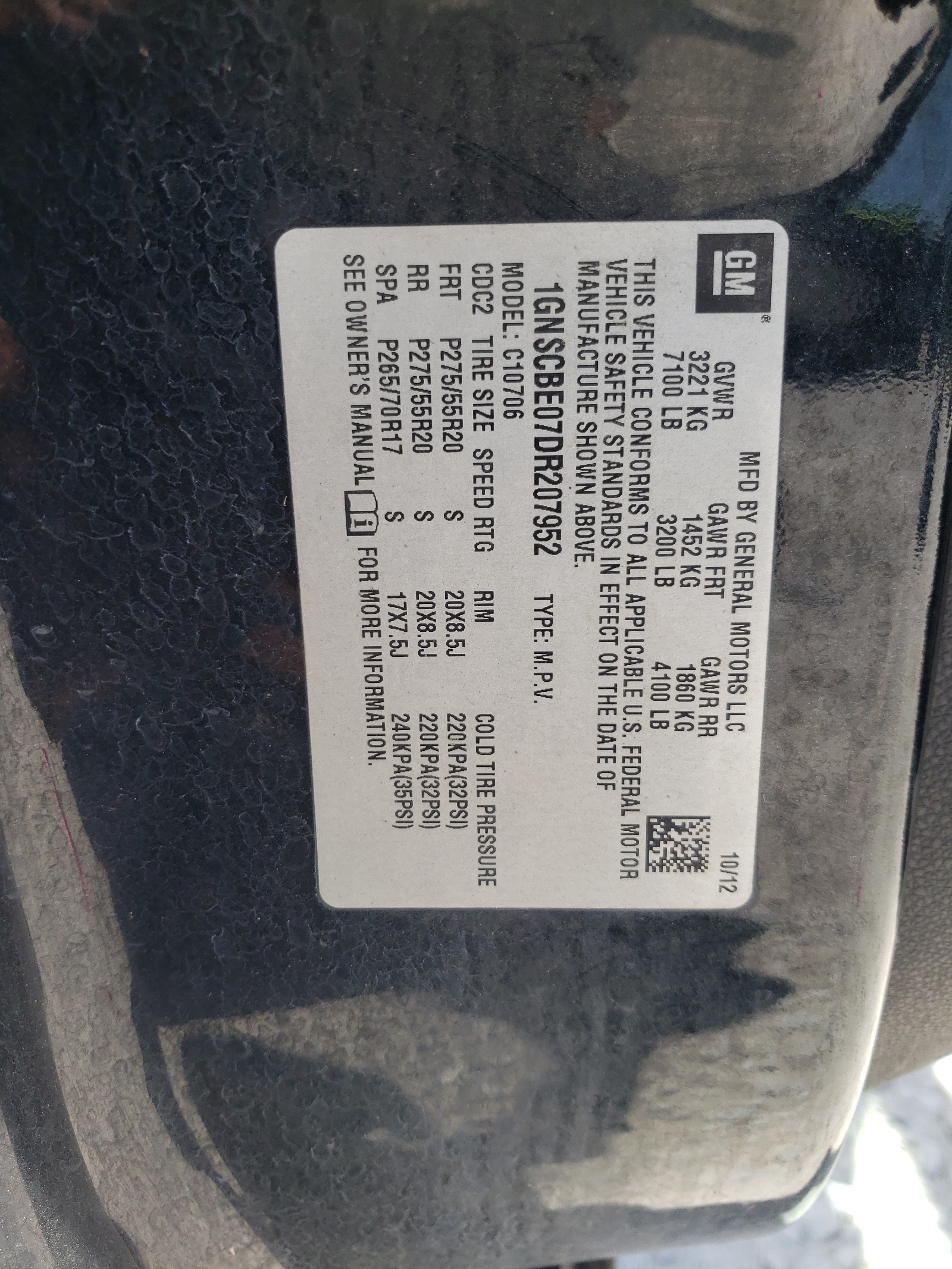 1GNSCBE07DR207952 2013 Chevrolet Tahoe C1500 Lt