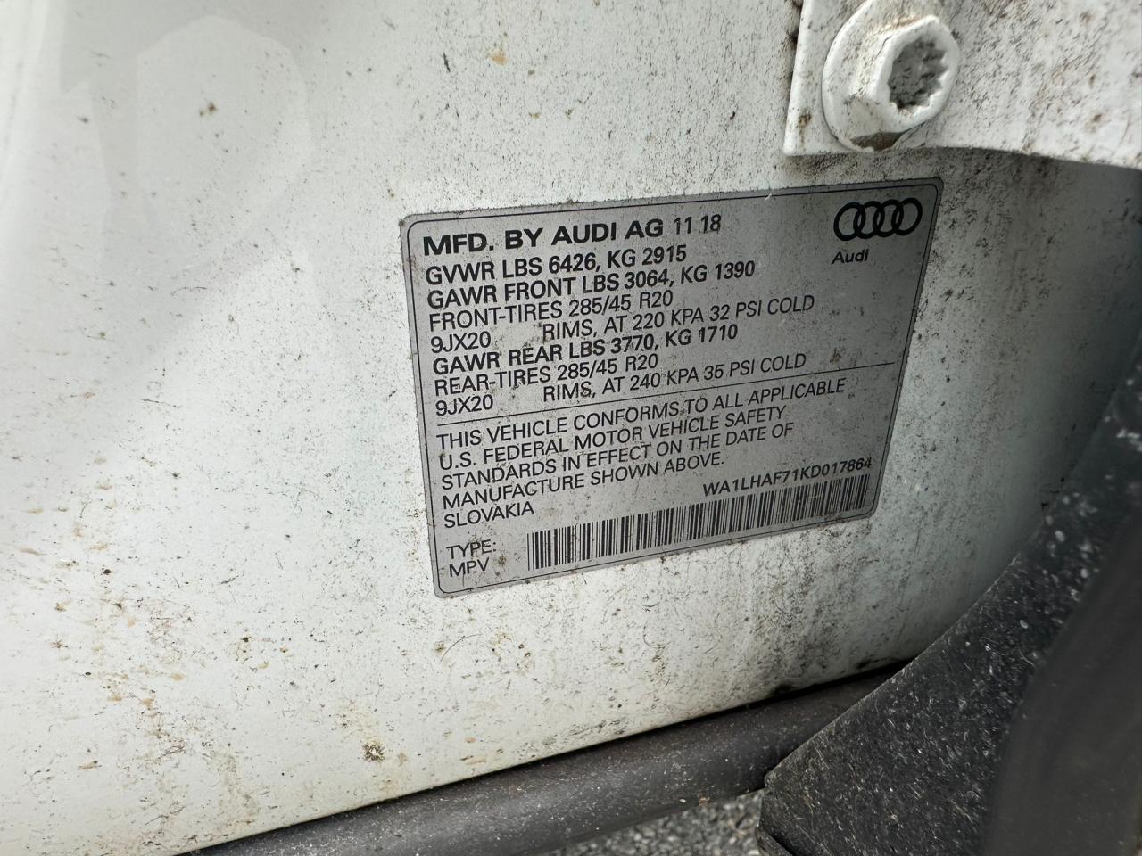 2019 Audi Q7 Premium Plus VIN: WA1LHAF71KD017864 Lot: 63471334