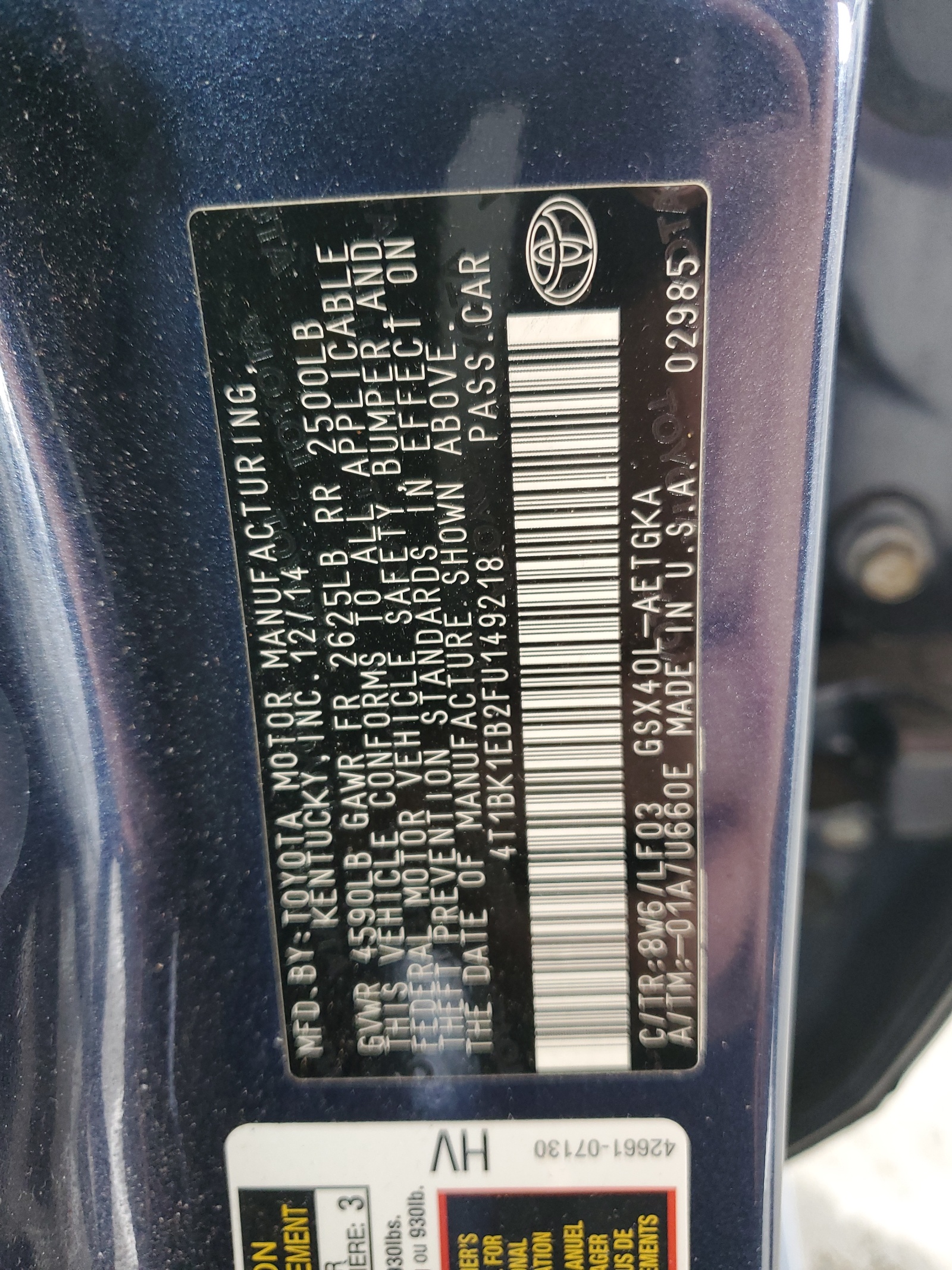 4T1BK1EB2FU149218 2015 Toyota Avalon Xle