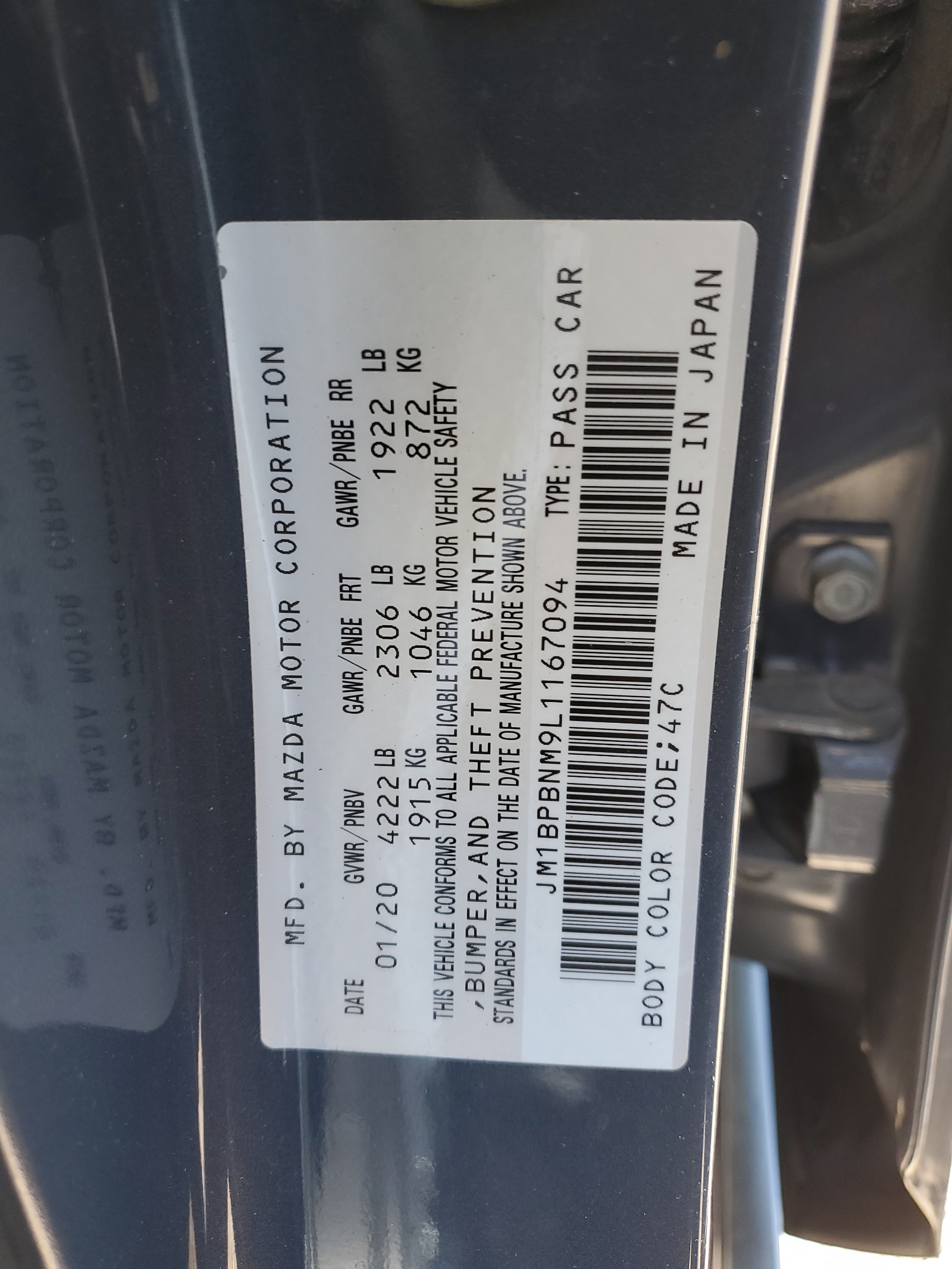 JM1BPBNM9L1167094 2020 Mazda 3 Premium