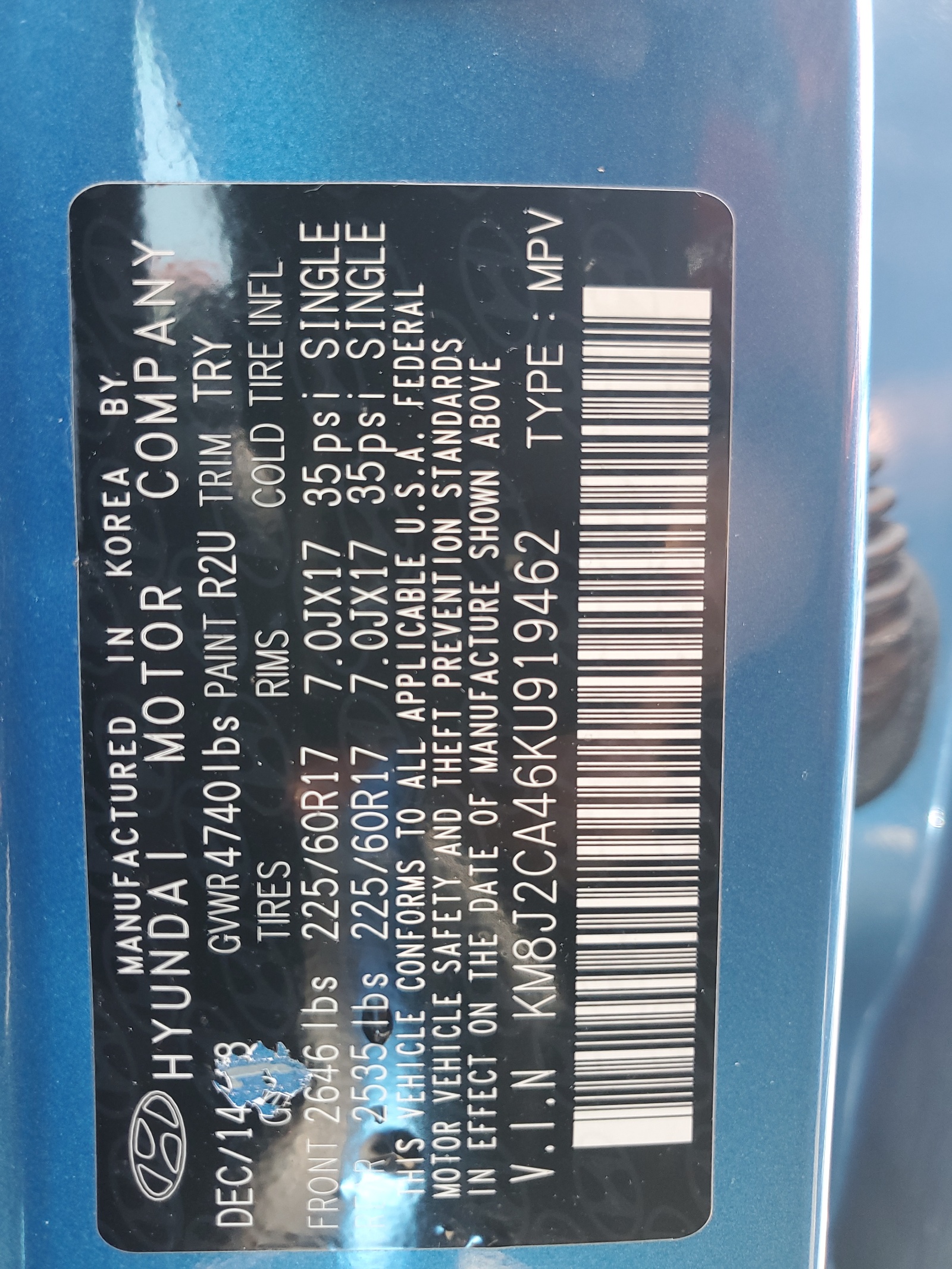 KM8J2CA46KU919462 2019 Hyundai Tucson Se