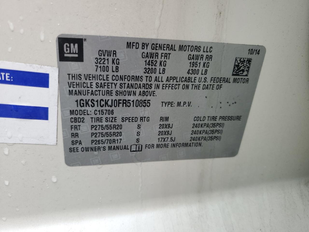 2015 GMC Yukon Denali VIN: 1GKS1CKJ0FR510855 Lot: 62033144